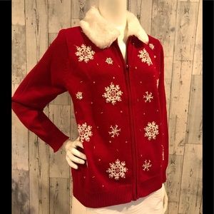 Vintage holiday sweater/ jacket with removable faux fur collar.